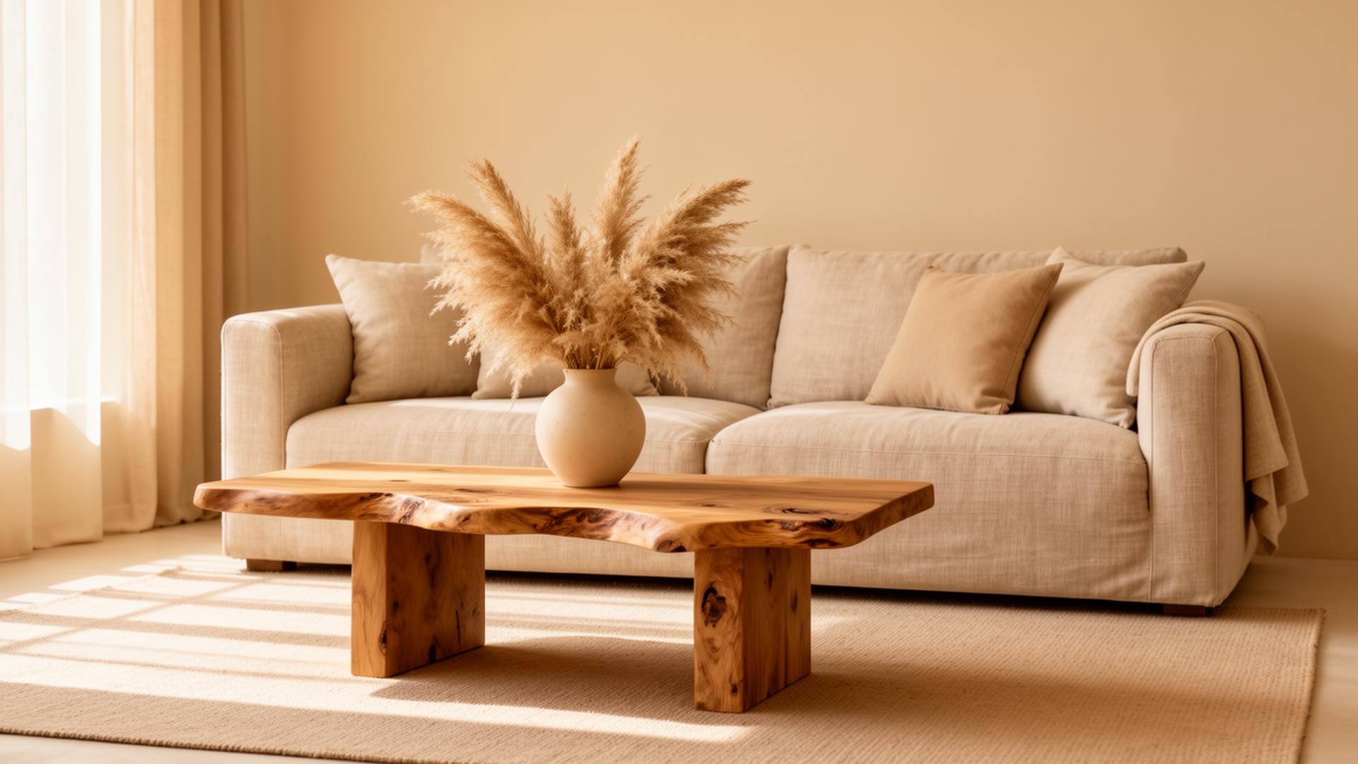 Skandinaavinen olohuone pellavasohvalla ja pampasruoholla